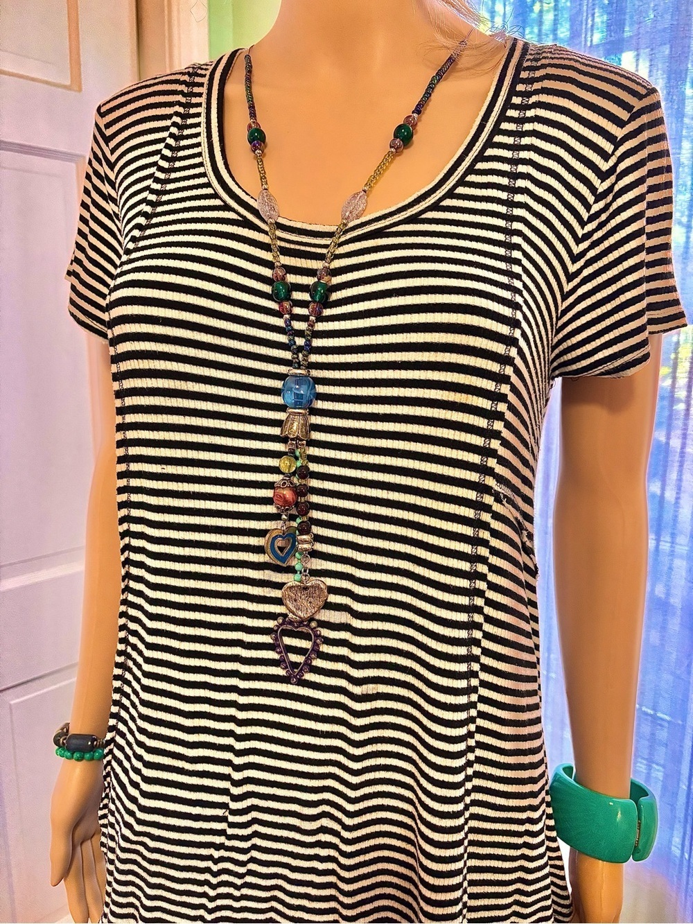 cha cha vente Black & White Striped Scoop Neck Short Sleeve Tee